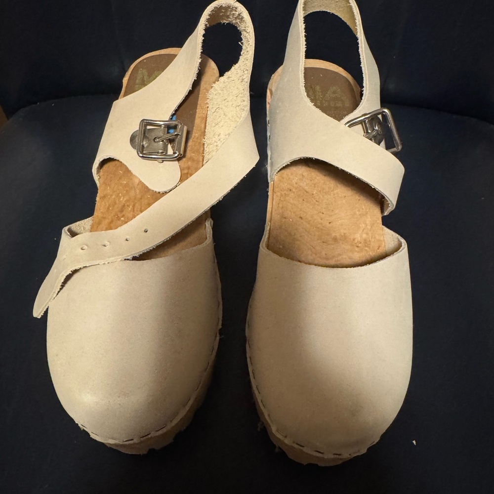 Beige Leather Clogs with Buckle